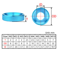 Wanyifa 10pcs Aluminum Alloy Countersunk Washers M2 M2.5 M3 M3.5 M4 M5 M6 M8 M10 Anodized Colourful Countersunk Head Bolt Washer Gaskets