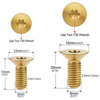 Wanyifa Titanium Bolt M6x15mm M8x20mm Flat Countersunk Torx T30 Head Screw for Bicycle Motorcycle Car Ti Fasteners