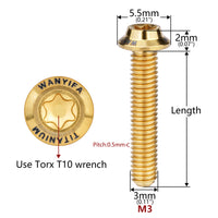 Wanyifa Titanium Bolt M3x6 8 10 12 15 18 20mm Disc-Shaped Umbrella Torx T10 Head with Logo Screw Ti Fasteners