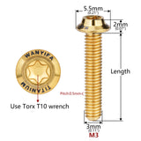 Wanyifa Titanium Bolt M3x6 8 10 12 15 18 20mm Disc-Shaped Umbrella Torx T10 Head with Logo Screw Ti Fasteners